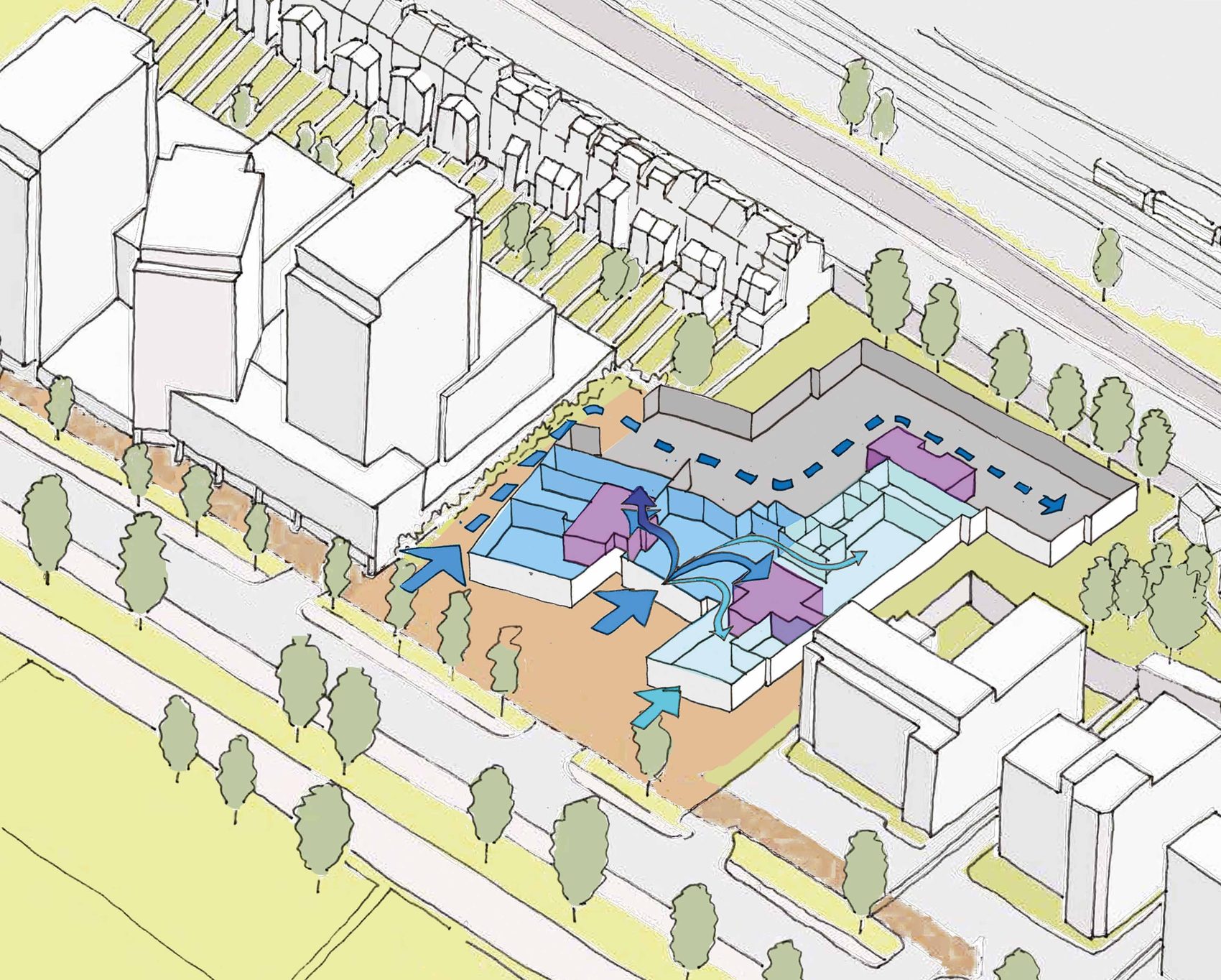 Diagram of vehicle access (dashed) and pedestrian access (solid) across the site