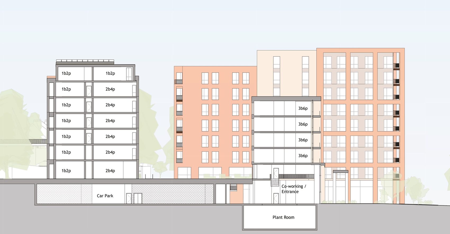 Section through the scheme showing the location of the commercial space